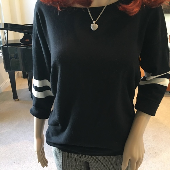 Black & White Striped 3/4 Sleeve Crewneck Sweater - Picture 5 of 6